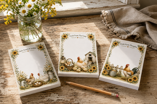Feathered Friends Collection | Farmhouse Chicken Notepad Set | Handmade 4x6 Tear-Off Memo Pads