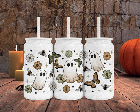 Fall Ghost Floral Stainless Steel Tumbler – Double Walled Insulated Can Cup with Ghosts, Bees & Flowers | Halloween Coffee Cup