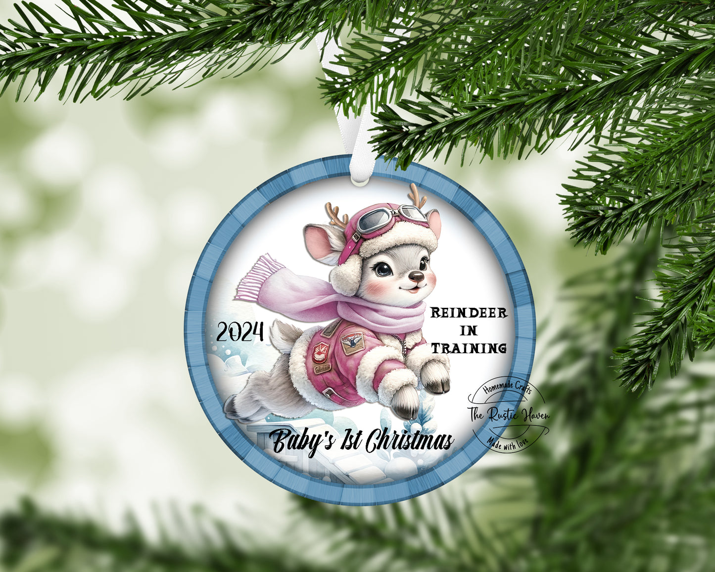 Adorable girl reindeer in training ornament