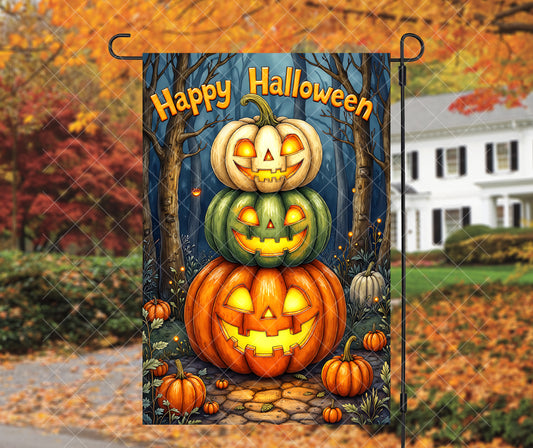 Happy Halloween Pumpkin Stack Garden Flag