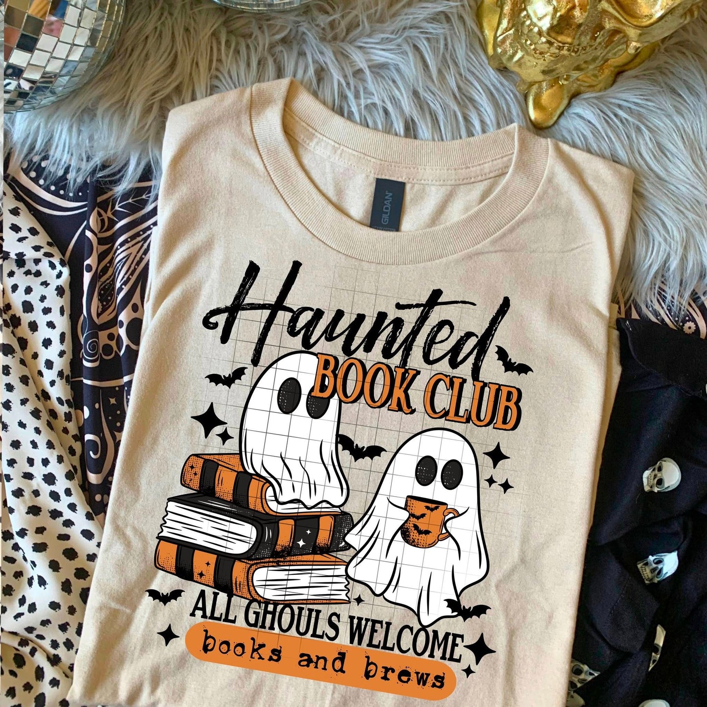 Haunted Book Club Shirt – Ghost Reading Tee | Halloween Bookish T-Shirt (Black or Tan)