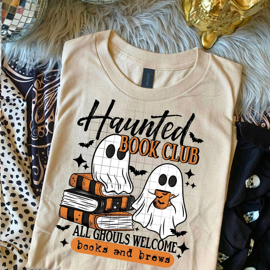 Haunted Book Club Shirt – Ghost Reading Tee | Halloween Bookish T-Shirt (Black or Tan)