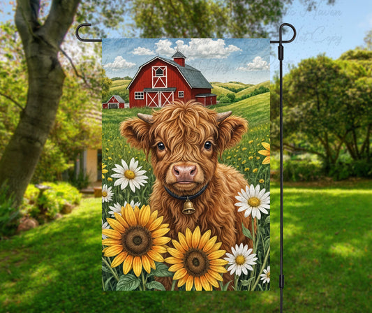 Highland Cow Garden Flag – Double-Sided 12x18 Non-See-Through Spring Farmhouse Decor with Sunflowers & Barn