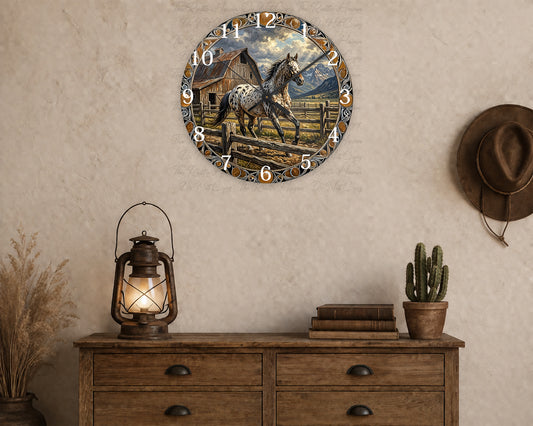 Rustic Western Appaloosa Horse Wall Clock – Farmhouse Ranch Décor with Barn & Mountain Scene