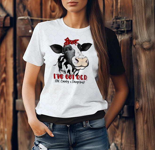 “I’ve Got O.C.D. – Old, Cranky & Dangerous Cow Graphic T-Shirt | Funny Farm-Themed Tee”