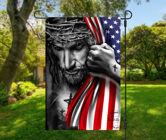 Jesus Looking Over Us, Holding the American flag, Garden Flag
