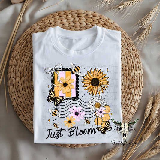 Just Bloom Floral Bee T-Shirt – Sunflower & Butterfly Graphic Tee – Spring Boho Shirt