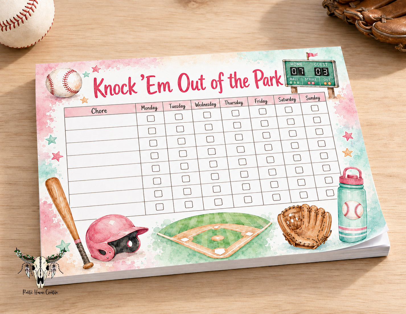 Knock 'Em Out of the Park Baseball Chore Chart Notepad | 8.5" x 11" | 52 Easy-Tear Sheets