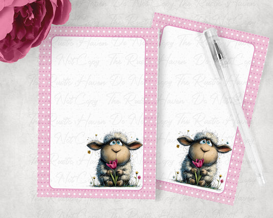 Cute Lamb Floral Notepad – 5x7 Writing Pad – 50 Page Farm Animal Stationery – Cottagecore Desk Notepad – Optional Personalization
