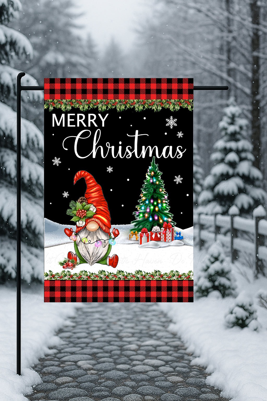 Merry Christmas Gnome Garden Flag – Double Sided 12x18 Inch Buffalo Plaid Outdoor Yard Decor