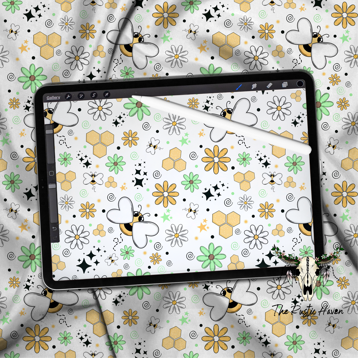 Whimsical Bee & Daisy Seamless Pattern | Honeycomb Floral Digital PNG
