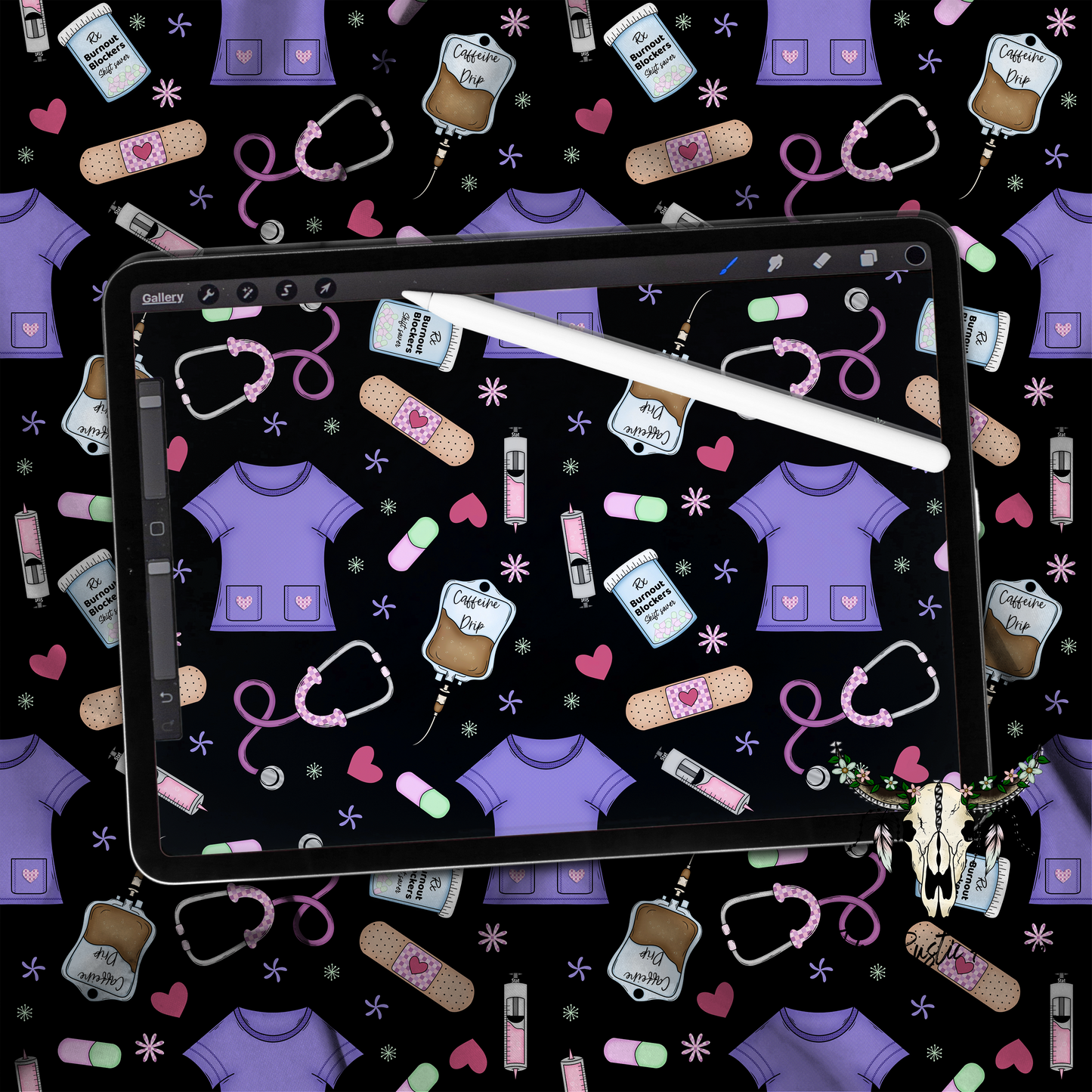 Nurse Life Seamless Pattern PNG | Medical Scrubs & Caffeine Digital Paper