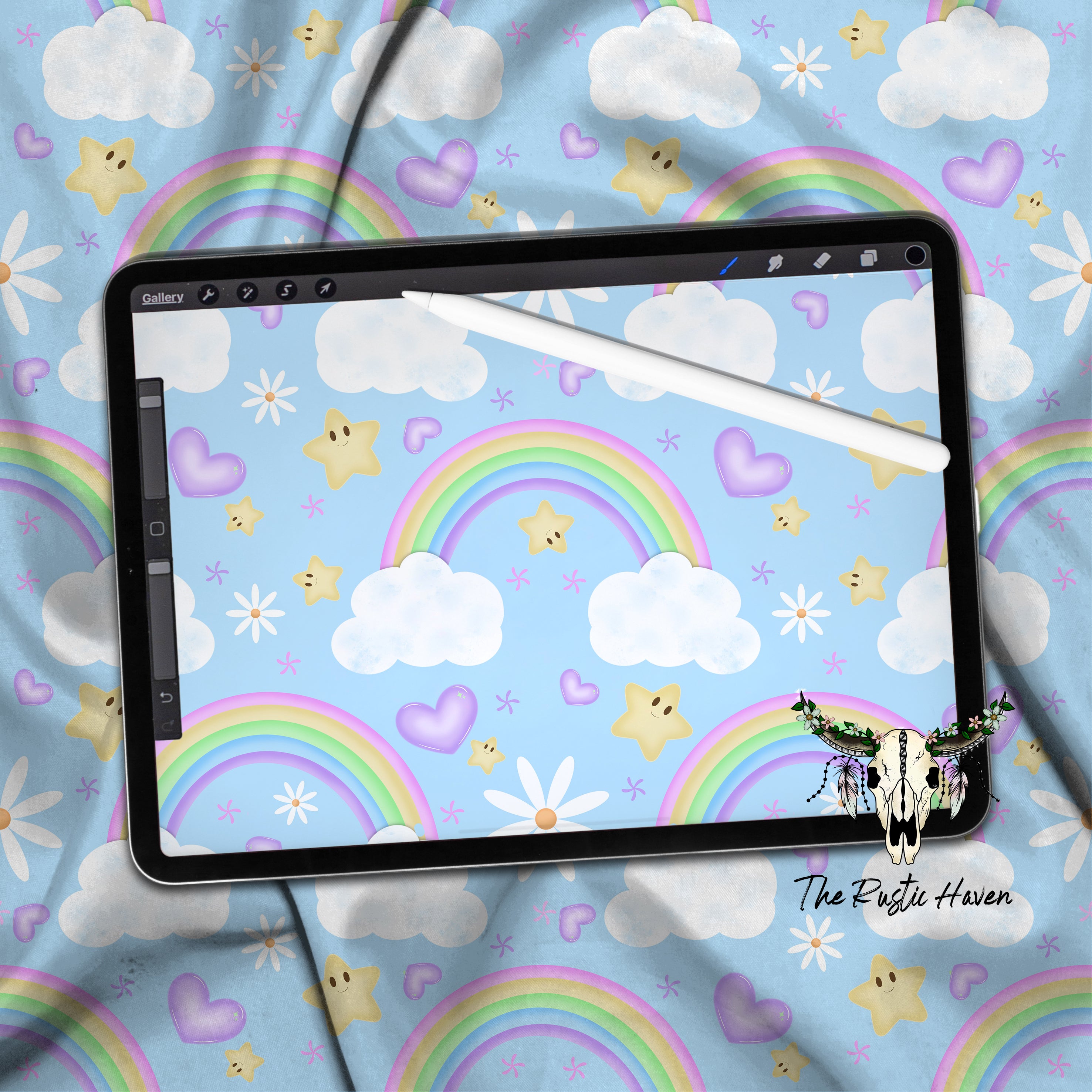 Pastel Rainbow Clouds & Stars Seamless Pattern PNG | Cute Kawaii Sky D ...