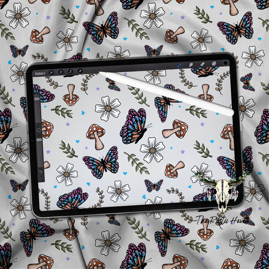Vibrant Butterfly & Mushroom Seamless Pattern PNG | Whimsical Woodland Floral Digital Paper | Sublimation & Fabric Print Design