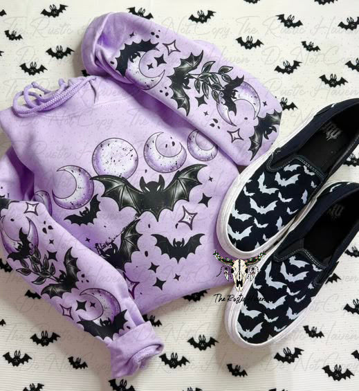 Mystical Moon Phase & Bat Gothic Sweatshirt – Lavender Witchy Aesthetic
