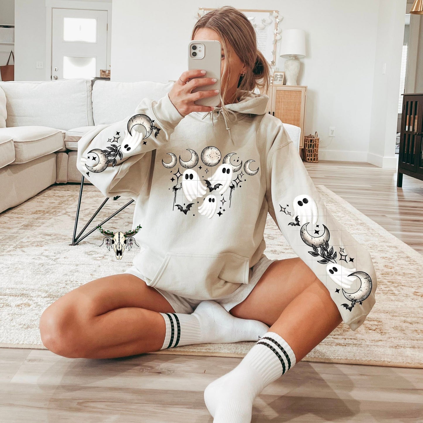 Spooky Moon & Ghost Long Sleeve Tee – Halloween Cozy Pullover