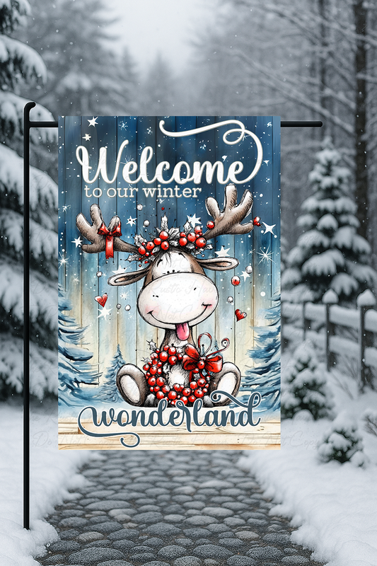 Welcome to Our Winter Wonderland Garden Flag – Cute Moose Christmas Outdoor Décor (16x18)