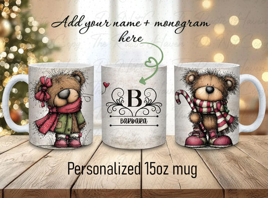 Personalized Christmas Bear Mug – Custom Name 15oz Ceramic Holiday Cup