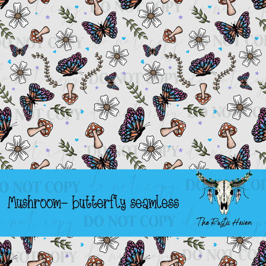 Vibrant Butterfly & Mushroom Seamless Pattern PNG | Whimsical Woodland Floral Digital Paper | Sublimation & Fabric Print Design