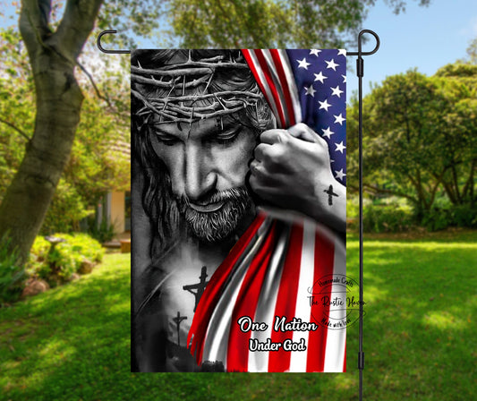 Jesus Looking Over Us, Holding the American flag, Garden Flag