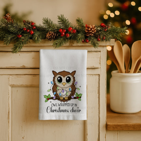 Owl Wrapped Up in Christmas Cheer Towel | 16x26 Poly Holiday Kitchen Towel | Cute Christmas Owl Decor