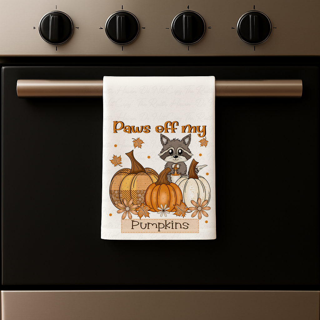 Paws Off My Pumpkins Raccoon Fall Kitchen Towel – Autumn & Thanksgiving Décor