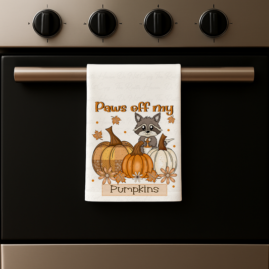 Paws Off My Pumpkins Raccoon Fall Kitchen Towel – Autumn & Thanksgiving Décor