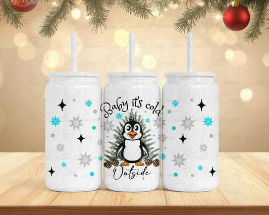 Baby It’s Cold Outside 16oz Stainless Steel Penguin Soda Can Tumbler with Straw & Lid