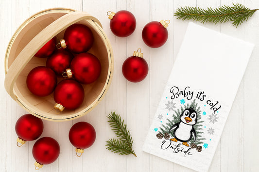 Baby It’s Cold Outside Penguin Christmas Towel | 16x24 Polyester Kitchen Towel | Winter Holiday Decor