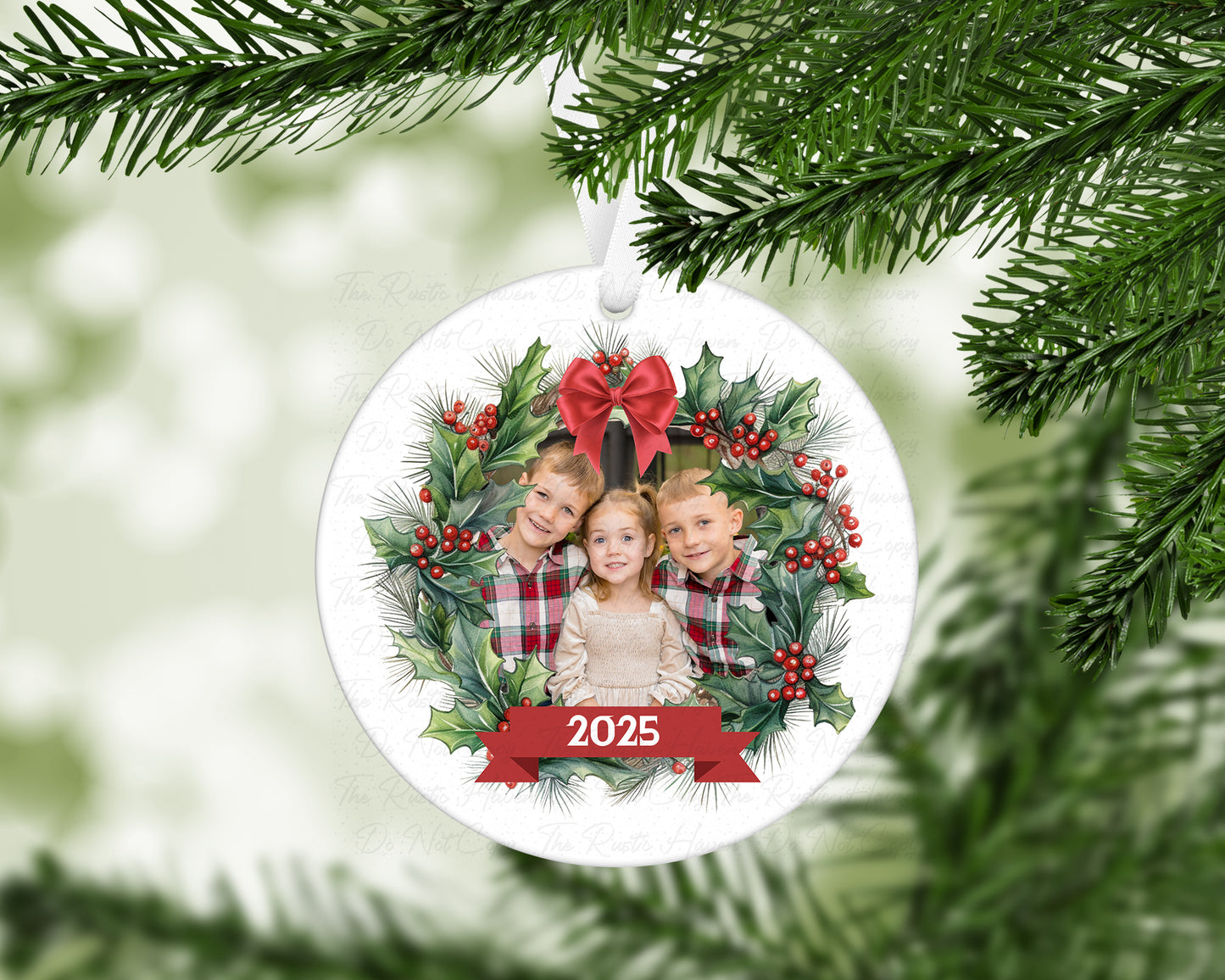 Personalized Christmas Photo Ornament 2025 – Holly Wreath Keepsake