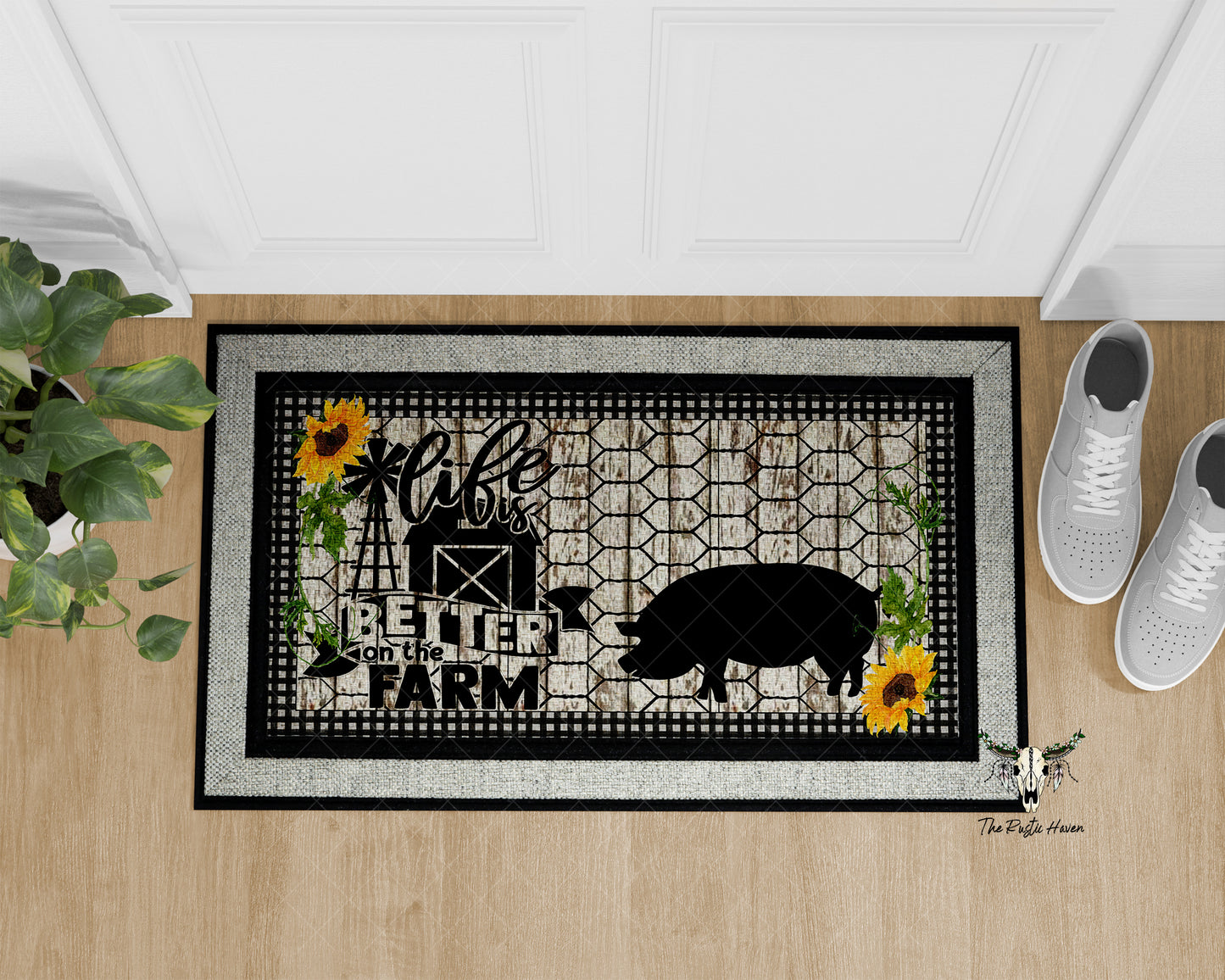 Farmhouse Pig Doormat – "Life is Better on the Farm" Entry Rug with Sunflowers
