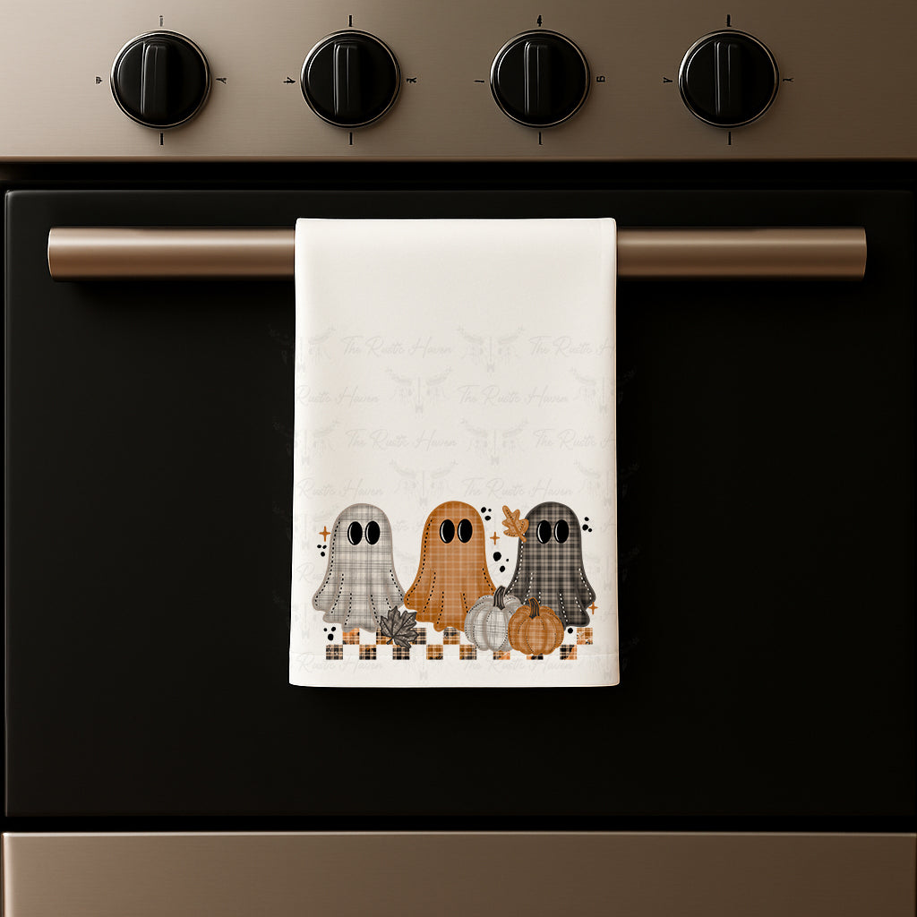 Plaid Ghost Trio Fall Kitchen Towel | Cute Halloween Tea Towel | Rustic Autumn Decor