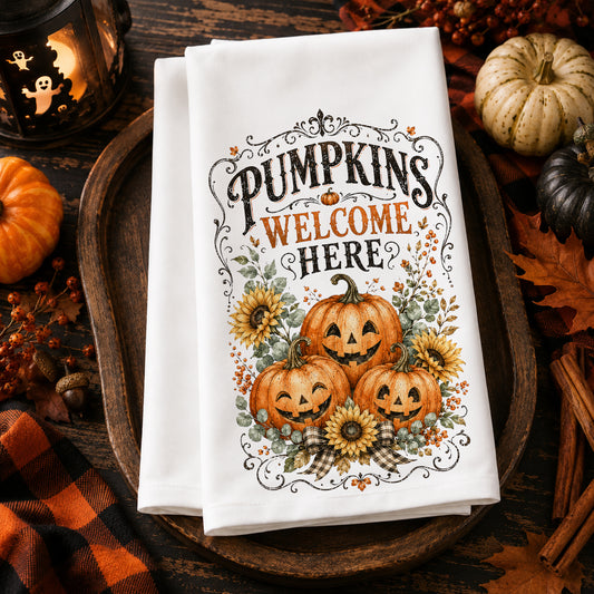 Pumpkins Welcome Here Fall Towel | 16 x 24 Polyester Kitchen Towel