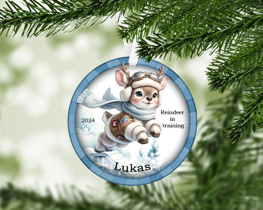 Personalized Adorable Reindeer in Training Ornament
