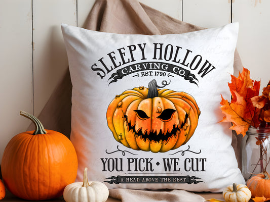 Sleepy Hollow Carving Co. Halloween Pillow – Creepy Purple Pumpkin Design (Available in 3 Colors)