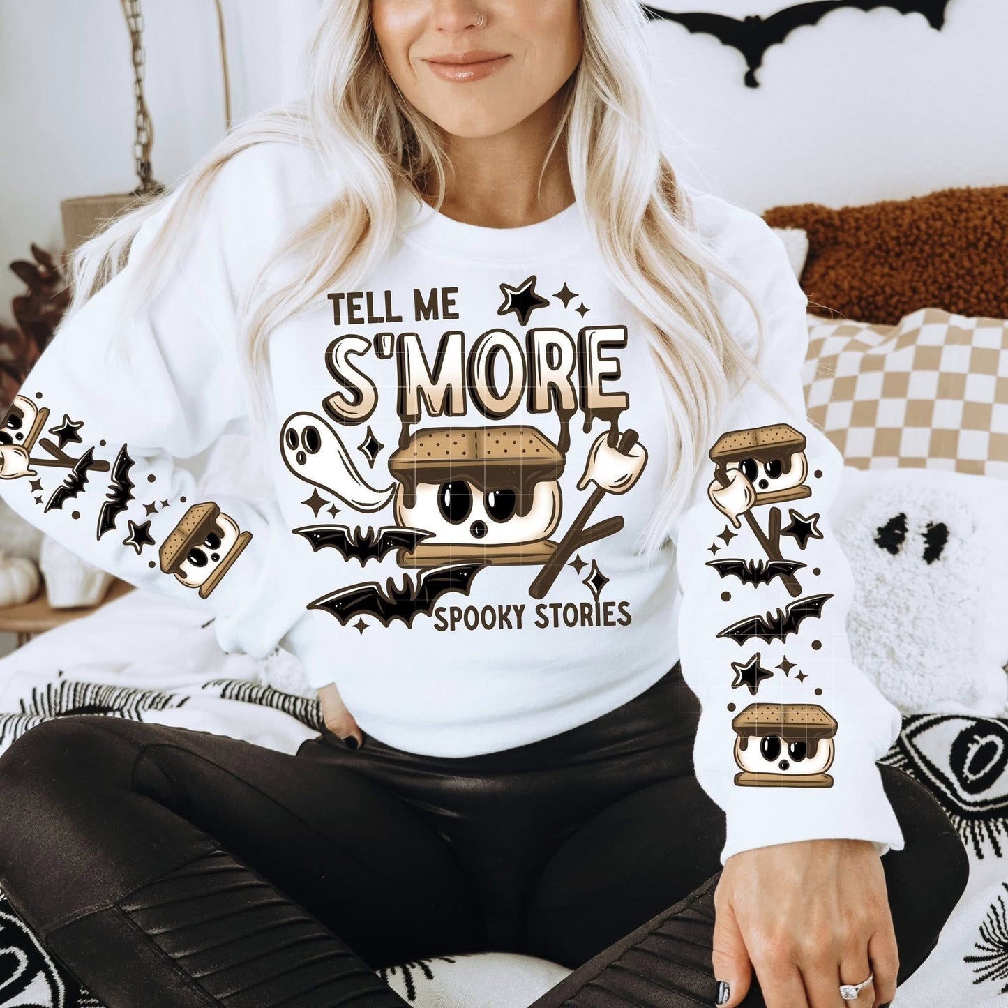 Tell Me S’More Spooky Stories Long Sleeve T-Shirt | Halloween Tee (With or Without Sleeve Design)