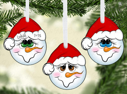 Personalized Snowman Face Ornament – Cute Christmas Tree Decoration – 3 Eye Color Options (Green, Brown, Blue) – 2025 Holiday Ornament