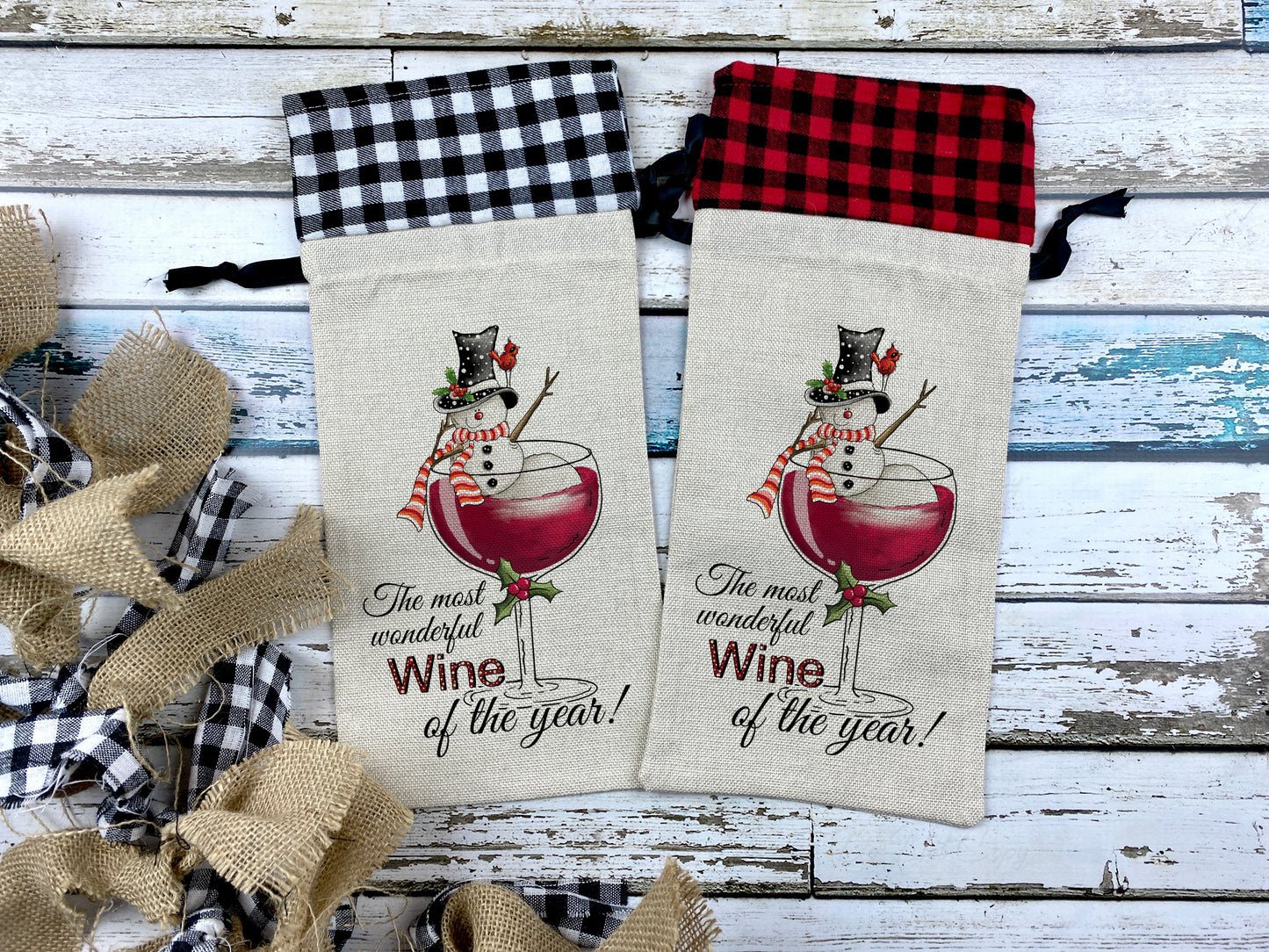 Christmas Wine Gift Bag – Snowman Holiday Wine Bottle Holder with Buffalo Plaid Top