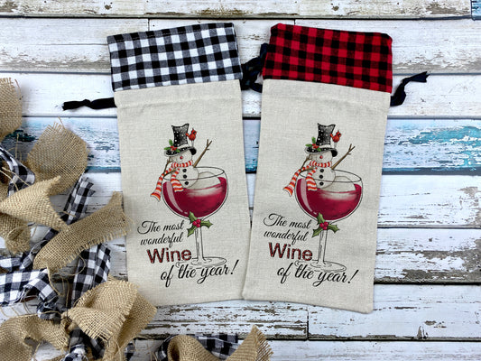Christmas Wine Gift Bag – Snowman Holiday Wine Bottle Holder with Buffalo Plaid Top