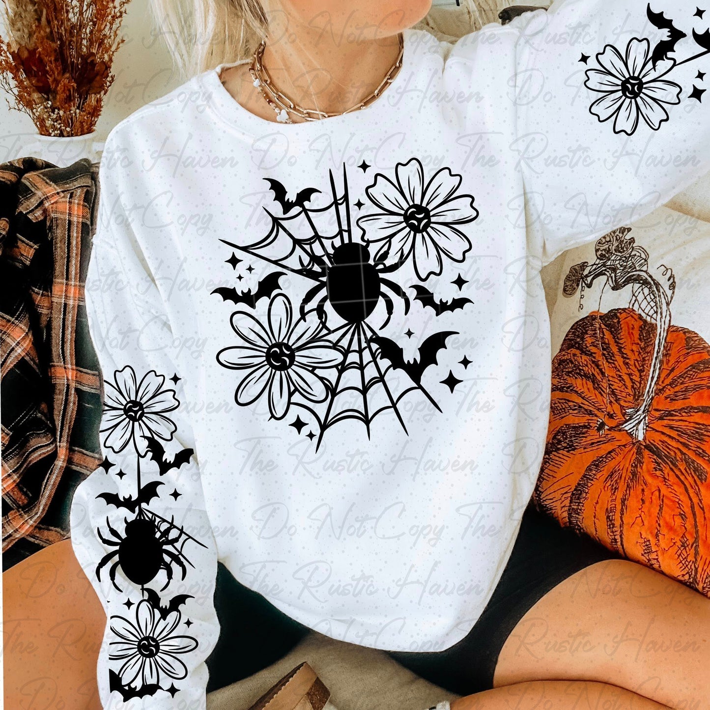 Spider Web & Daisy Long Sleeve Tee – Spooky Floral Shirt (Black or White)