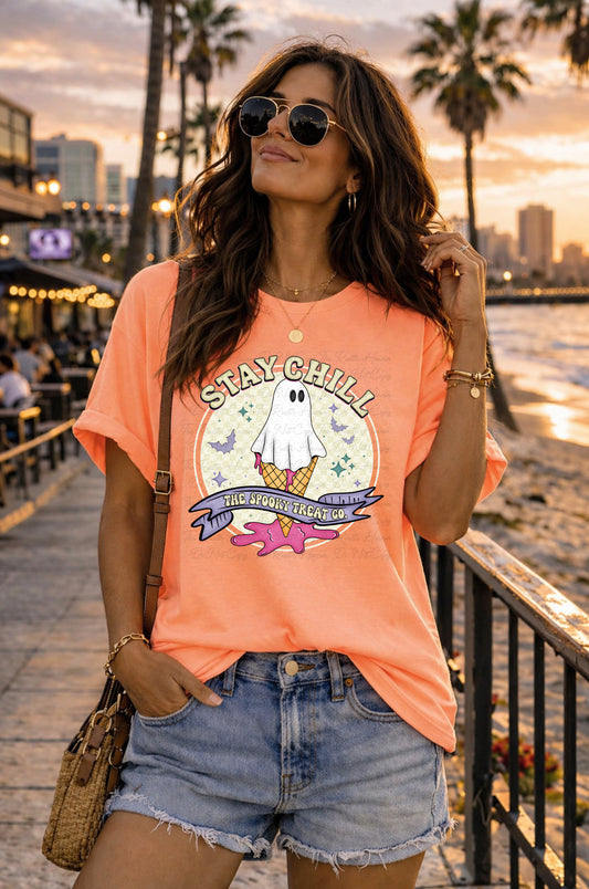 Stay Chill Ghost Ice Cream Tee – Perfect for Summer & Halloween | Neon Graphic Shirt