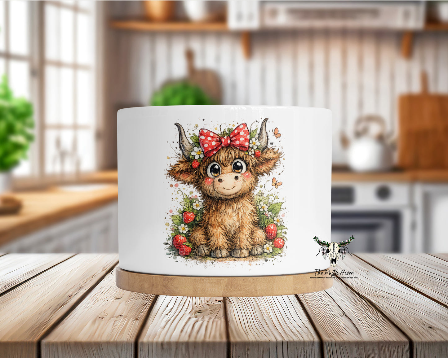 Strawberry Highland Cow Mini Ceramic Planter with Bamboo Base