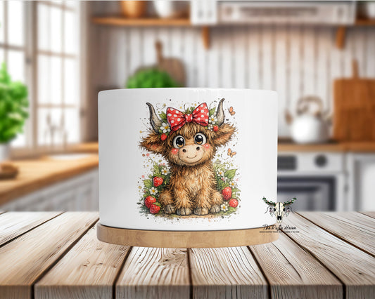 Strawberry Highland Cow Mini Ceramic Planter with Bamboo Base