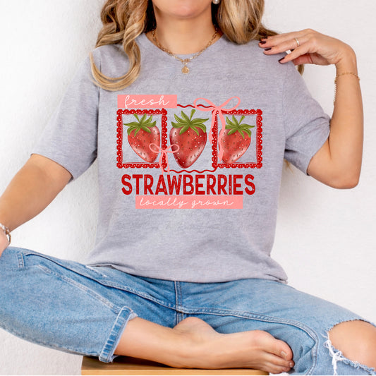 Fresh Strawberries Locally Grown Shirt | Cute Strawberry Graphic Tee | Farm Fresh Summer Shirt | Rustic Country Fruit Lover T-Shirt