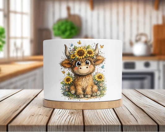 Sunflower Sweetheart Highland Cow Mini Ceramic Planter