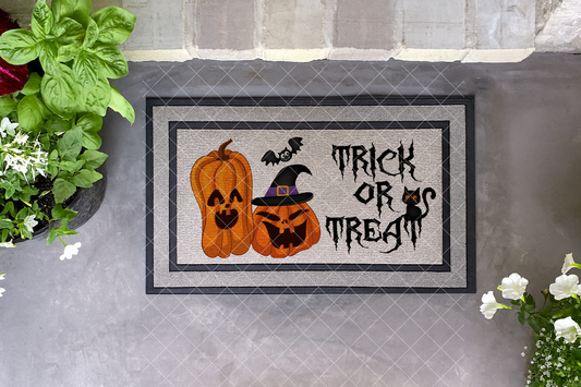 Trick or Treat Halloween Doormat – Spooky Pumpkins, Black Cat & Bat Design