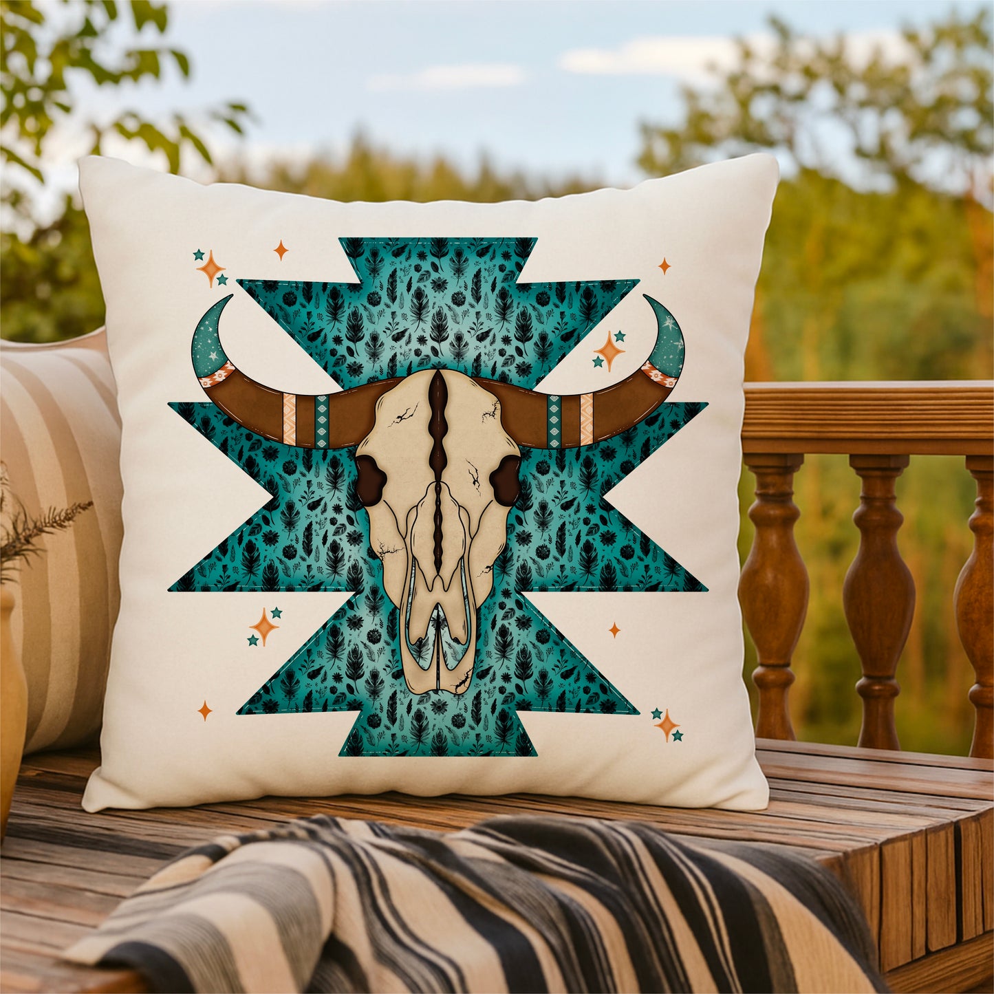 Boho Western Bull Skull Throw Pillow – Turquoise Aztec Design
