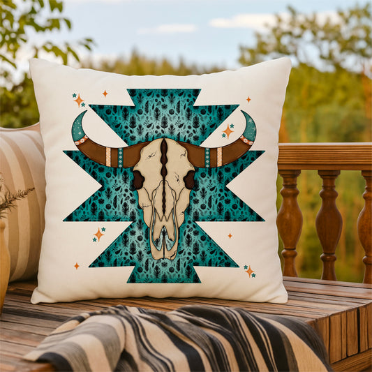 Boho Western Bull Skull Throw Pillow – Turquoise Aztec Design