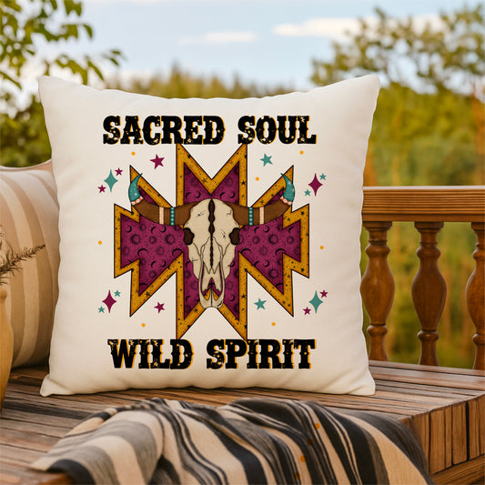 Sacred Soul Wild Spirit Throw Pillow – Boho Western Skull Design