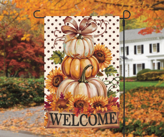 Fall Pumpkin Welcome Garden Flag with Sunflowers – Rustic Autumn Yard Décor